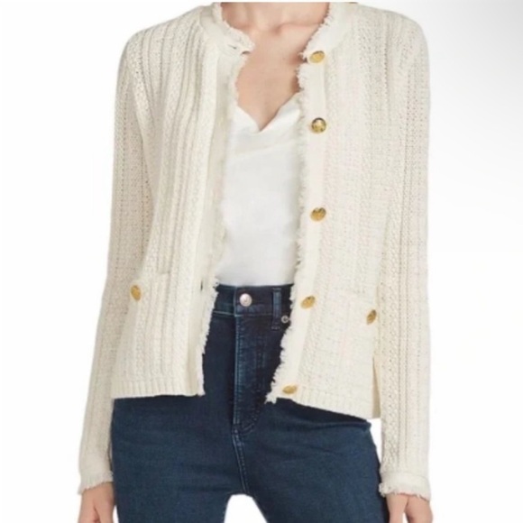 Tahari Button Up Fringe Cable Knit Cardigan Sweater Blazer Ivory Luxury Elegant - Picture 2 of 16